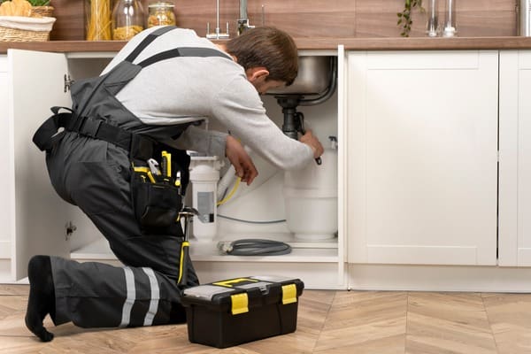 Plumber fixing kitchen sink, professional repair service with toolbox in modern home interior
